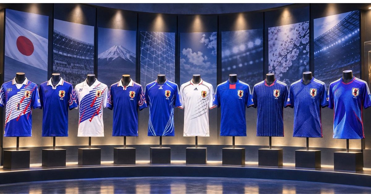 サッカー日本代表の歴代ユニフォームが1992年から2026年まで並ぶ展示風イメージ