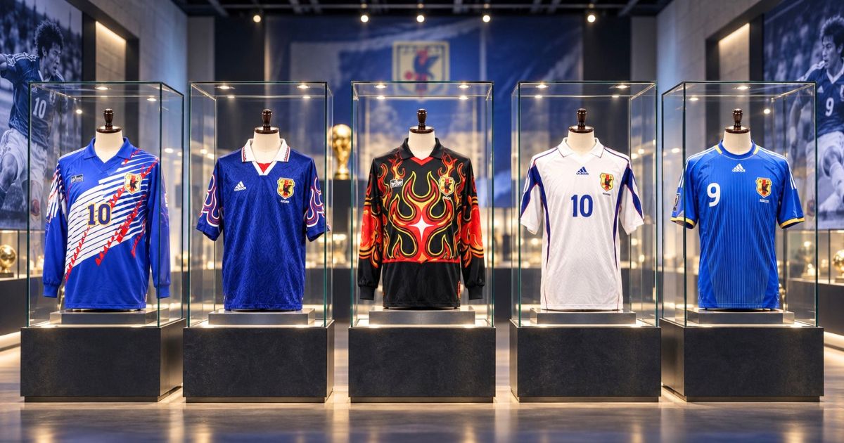 サッカー日本代表の歴代ユニフォームを年代別に並べたミュージアム展示風イメージ