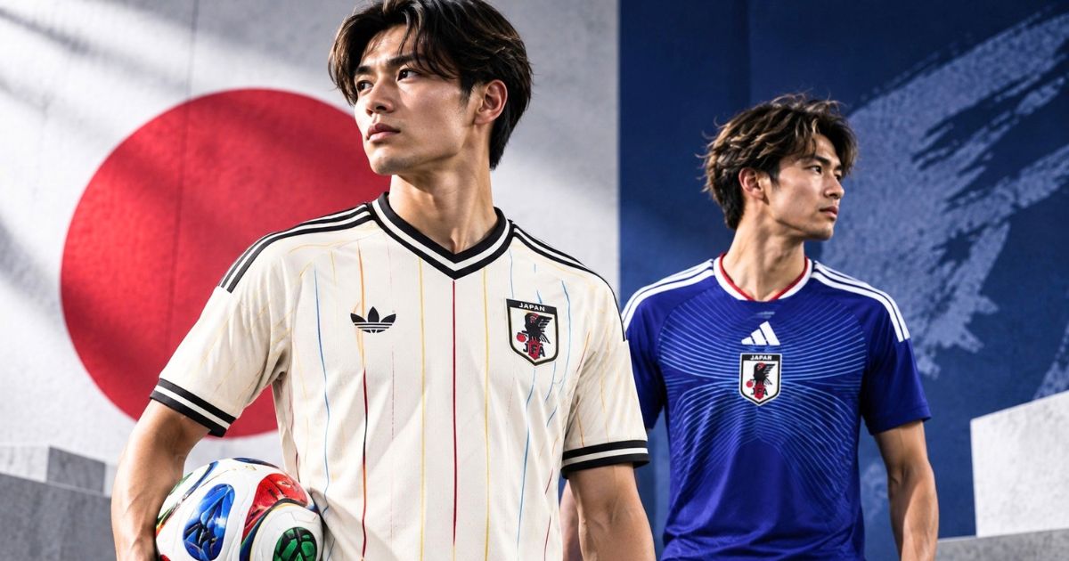 2026年の白いアウェイユニフォームと青いホームユニフォームを着たサッカー日本代表選手。白ユニを手前に配置し、2種類の代表ユニフォームを比較できるイメージ。