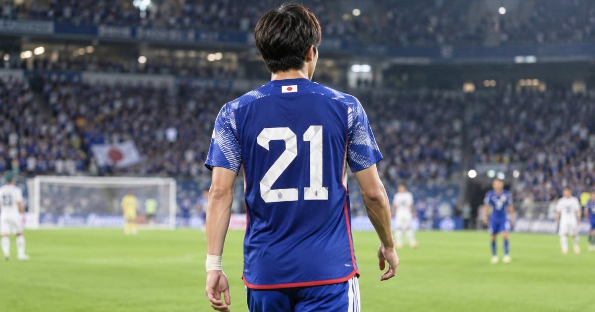 日本代表の青いユニフォームで背番号21を着けた選手の後ろ姿
