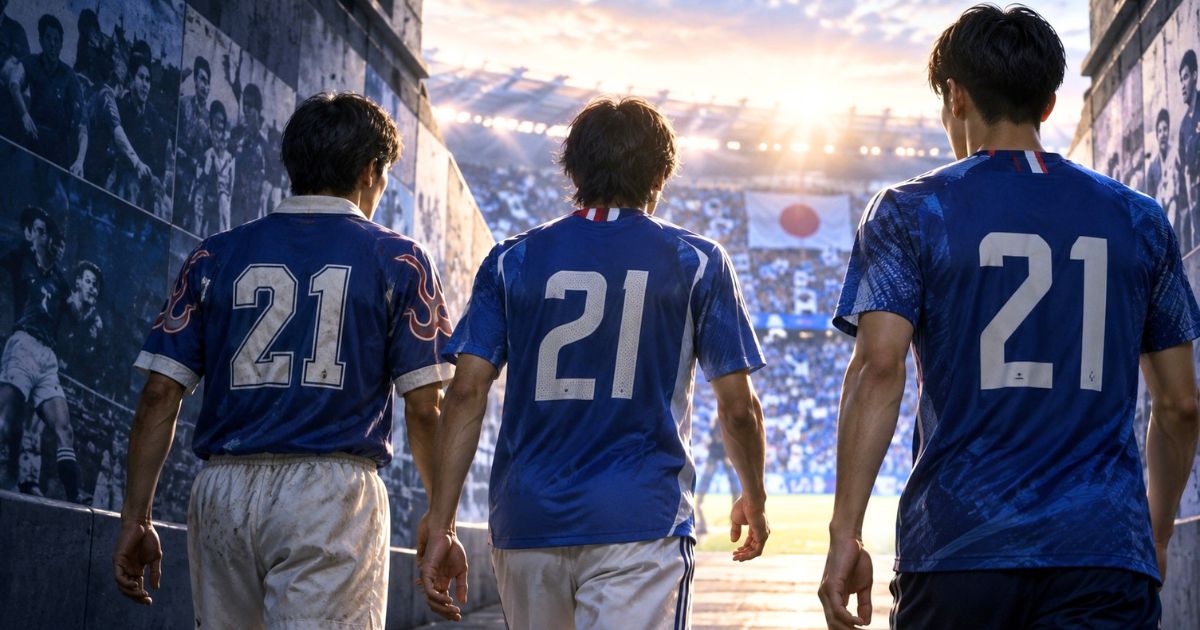 年代の異なる背番号21の日本代表選手3人が、スタジアムへ向かう後ろ姿