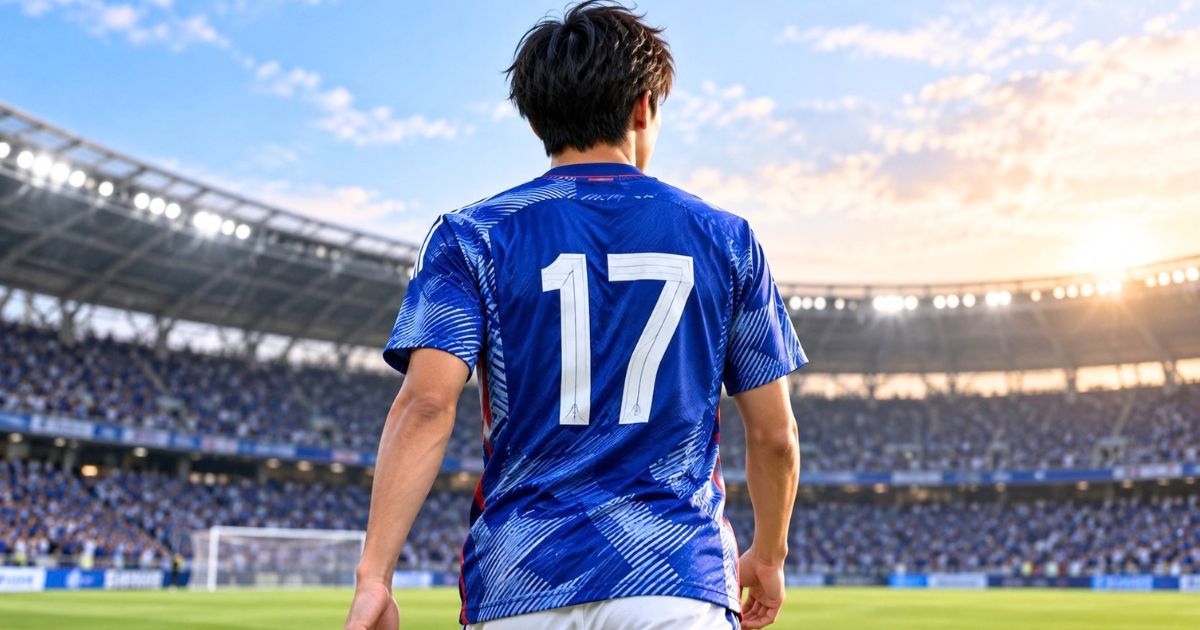 スタジアムでピッチを見つめる、日本代表の青い17番ユニフォームを着たサッカー選手の後ろ姿