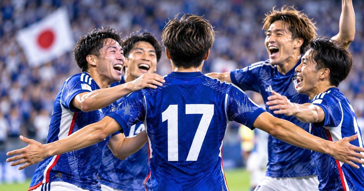 公式戦で得点後、青い17番ユニフォームの選手が日本代表をイメージしたチームメートに祝福される様子