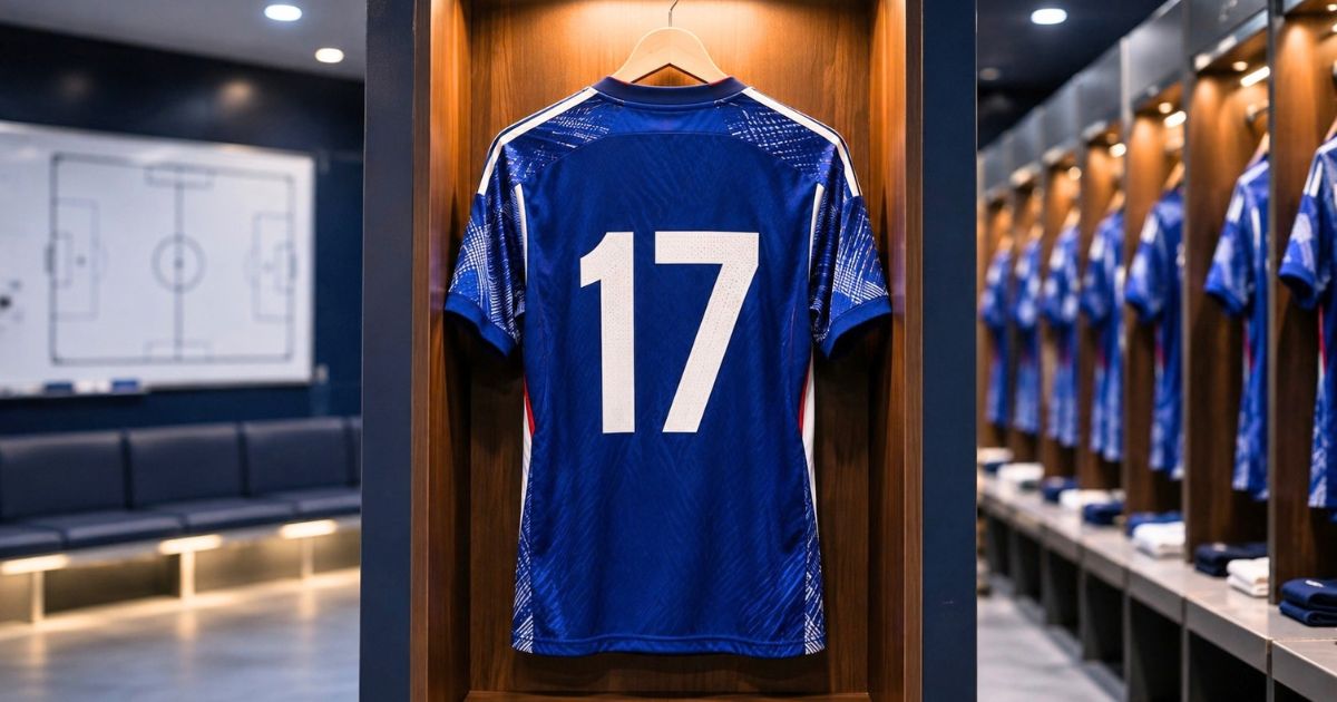 日本代表をイメージした青い17番ユニフォームが、サッカーのロッカールームに掛けられている様子
