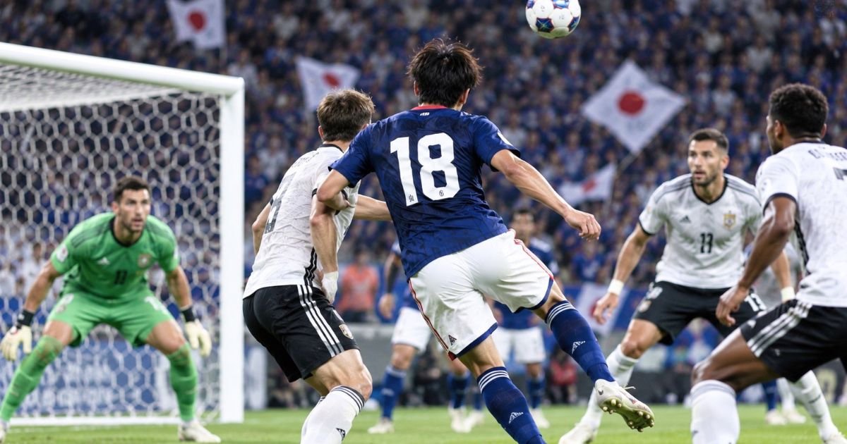 国際試合で相手ゴール前のボールを競り合う、日本代表風ユニフォームの背番号18のサッカー選手
