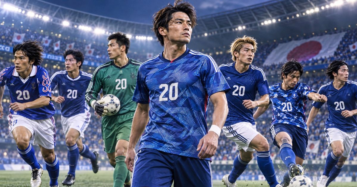 背番号20の日本代表ユニフォームを着た複数のサッカー選手がピッチでプレーするイメージ
