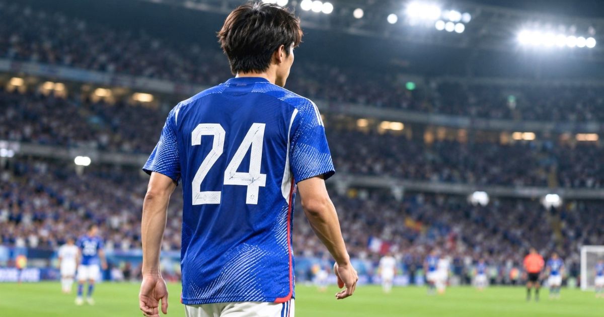 国際試合のスタジアムで、日本代表をイメージした青いユニフォームの背番号24の選手を後ろ姿から捉えたイメージ