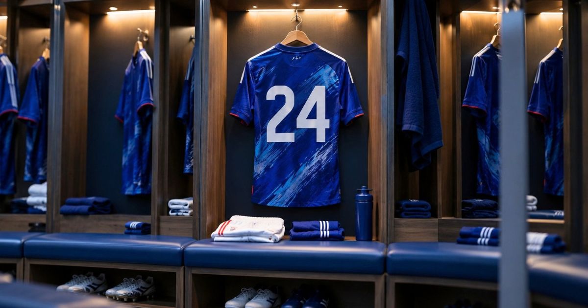 日本代表をイメージしたロッカールームに、背番号24の青いサッカーユニフォームが掛けられている様子