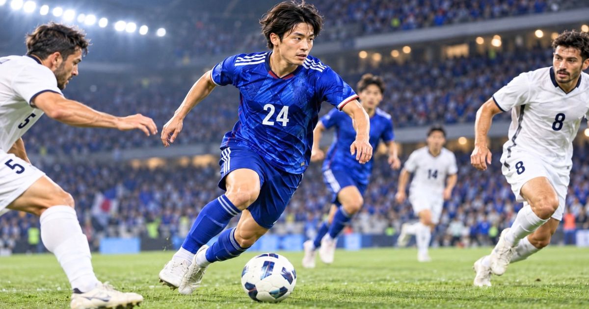 国際試合で背番号24の青い日本代表選手が、背番号5・8・14の白い相手選手に囲まれながらドリブルするプレーシーン