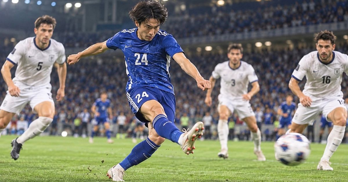 国際試合で背番号24の青い日本代表選手が、相手選手に囲まれながらシュートを放つプレーシーン