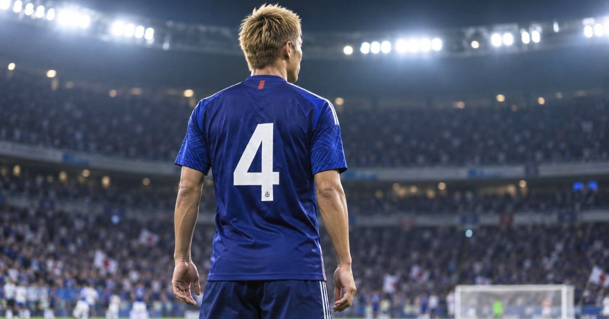 日本代表の青いユニフォームで背番号4を着けたサッカー選手の後ろ姿