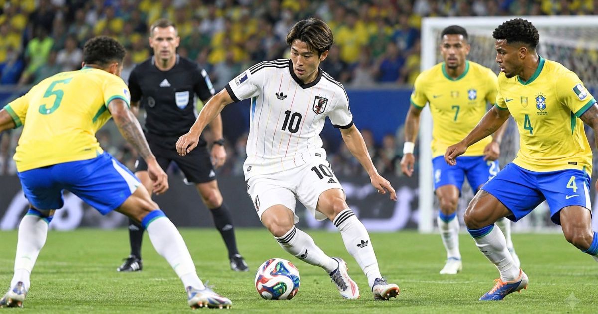 2026年ワールドカップのブラジル戦をイメージした試合シーン。白いアウェイユニフォームのサッカー日本代表選手がブラジル代表を相手にドリブルし、後方には審判も見える。