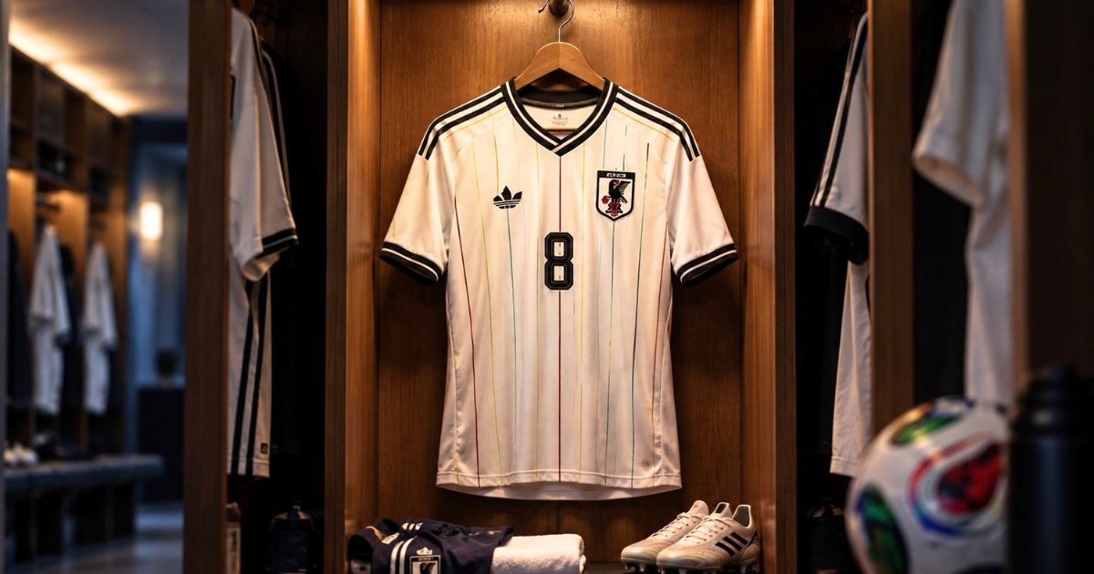 ロッカールームに掛けられた背番号8の2026年サッカー日本代表白ユニフォーム。オフホワイトに細い多色ストライプが入ったアウェイモデル。