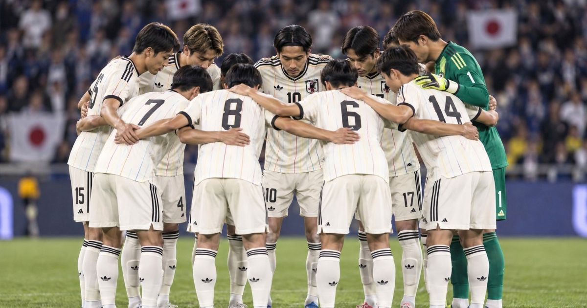 2026年の白いアウェイユニフォームを着たサッカー日本代表の選手たちが、公式戦前に背番号を付けて円陣を組む試合前のシーン。