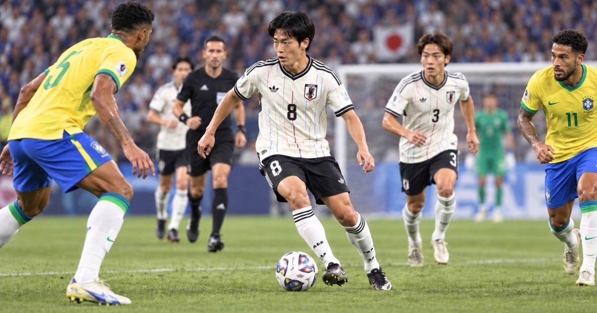 2026年W杯ブラジル戦で白いアウェイユニフォームを着るサッカー日本代表をイメージした試合シーン。中央の日本代表選手がドリブルし、後方には審判も見える。