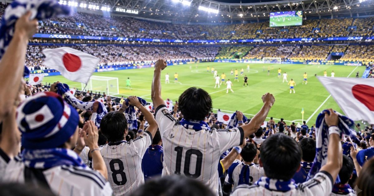 2026年ワールドカップのブラジル戦を観戦する日本代表サポーター。白い日本代表ユニフォームを着た観客が満員のスタジアムで声援を送る様子。