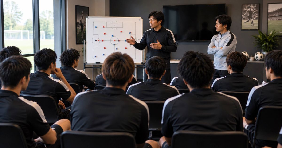 クラブハウスのミーティングルームで監督とコーチの説明を聞く日本人サッカー選手たち