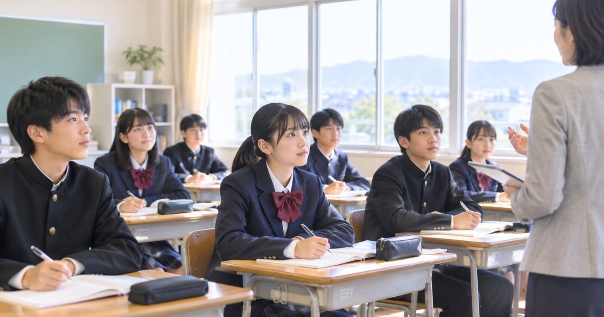 教室で教師の授業を受けながらノートを取る中学生たちの様子