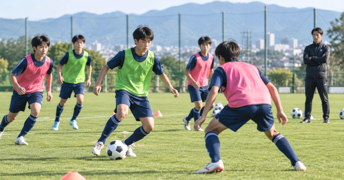 芝生のグラウンドで、コーチが見守る中、中学生年代のトレセン選手たちがビブスを着て実戦形式の練習をする様子