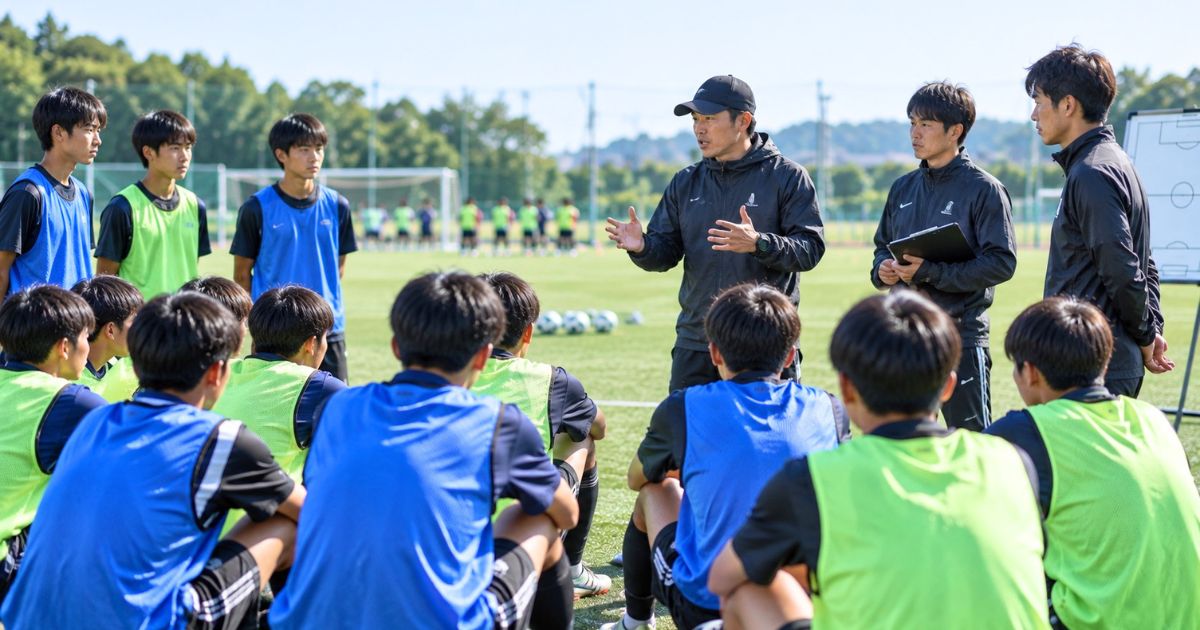 サッカーグラウンドで男子トレセン選手たちが集まり、コーチ陣から説明を受けている様子