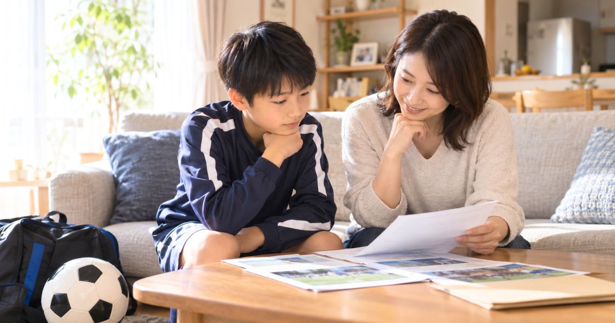 自宅のリビングで、サッカーをする子どもと母親が資料を見ながらナショナルトレセンの費用を確認する様子
