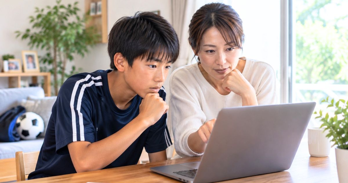 自宅のリビングで、母親とU14年代のサッカー選手がパソコンを見ながらナショナルトレセンのメンバーを確認する様子