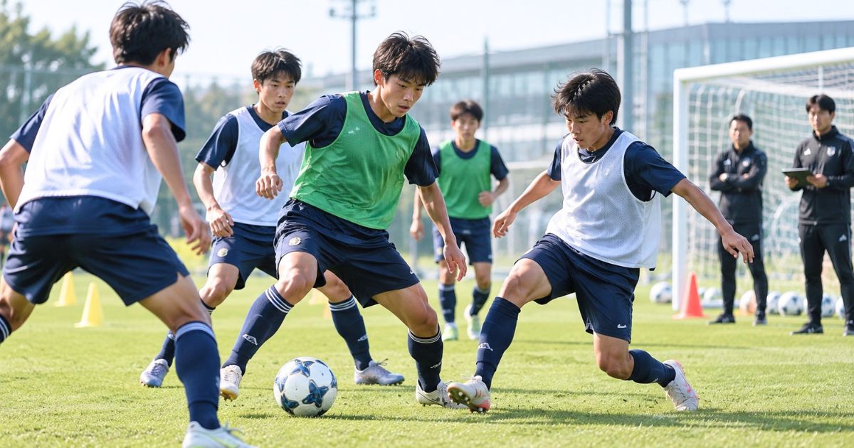 ビブスを着たU14・U15年代の選手がミニゲームでボールを競り合い、指導スタッフが見守るトレセンの練習風景