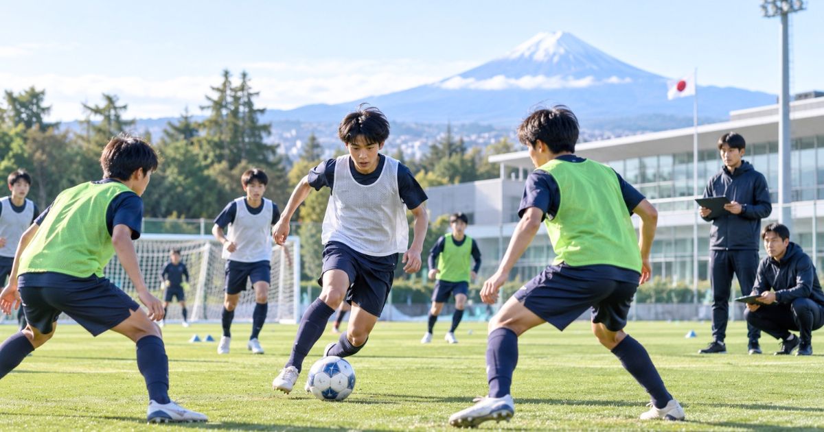 ナショナルトレセンをイメージしたユース年代のサッカー選手がコーチに見守られながらトレーニングする様子
