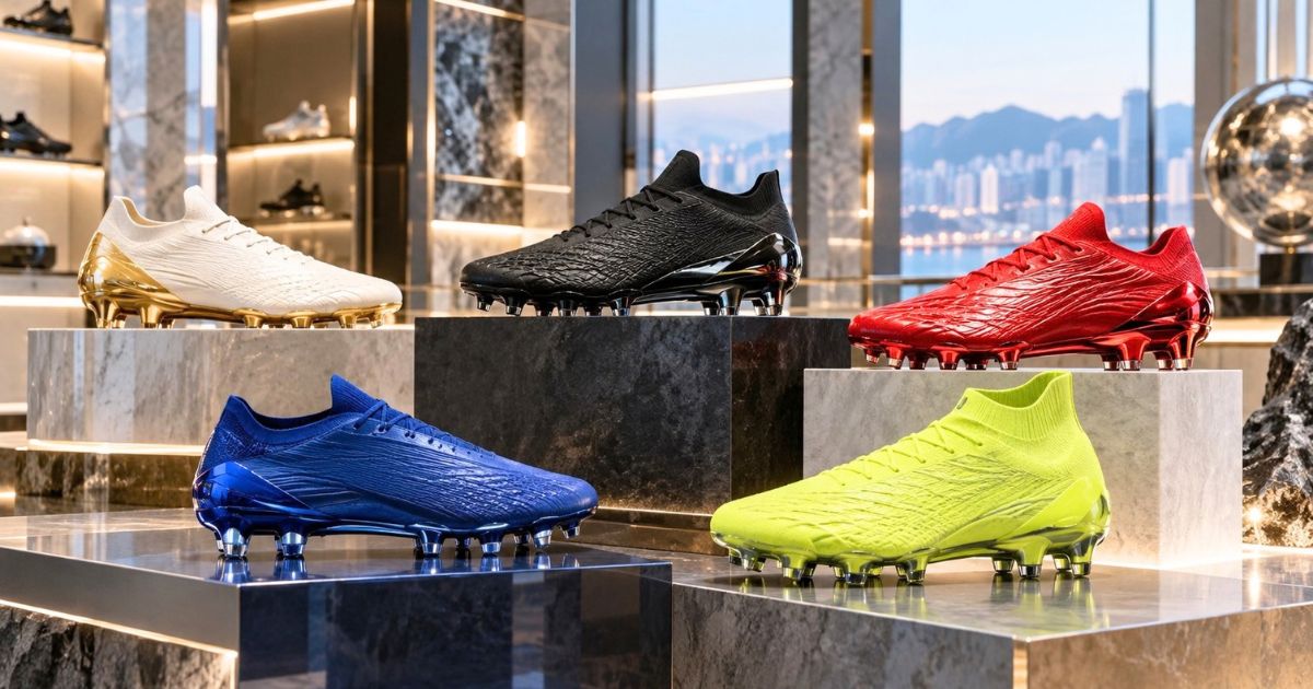 海外限定・国内未発売モデルをイメージした、複数のサッカースパイクが並ぶスポーツショップの展示