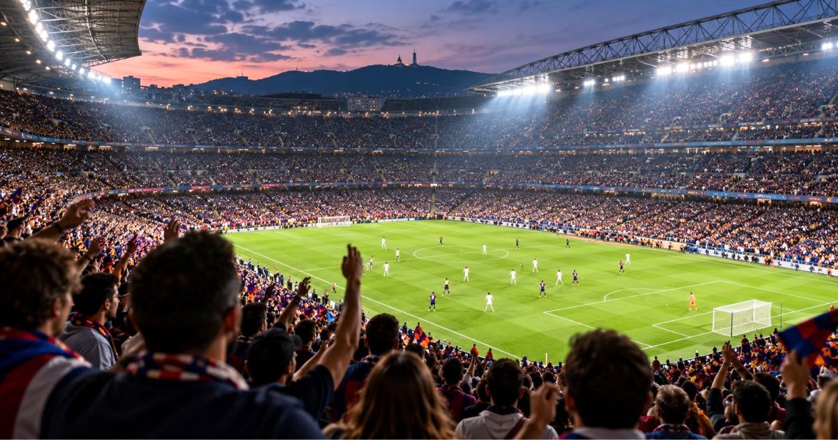 海外のサッカースタジアムで、満員の応援席から試合を観戦するシーン