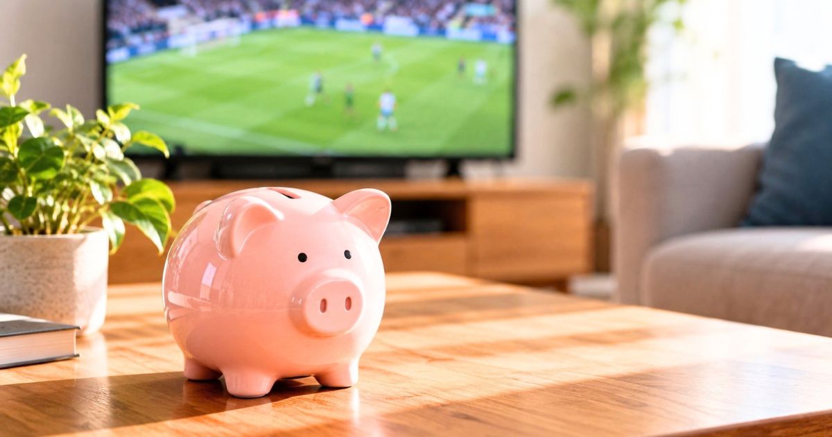 海外サッカー配信サービスの料金比較をイメージした、テーブル上のブタの貯金箱とテレビ