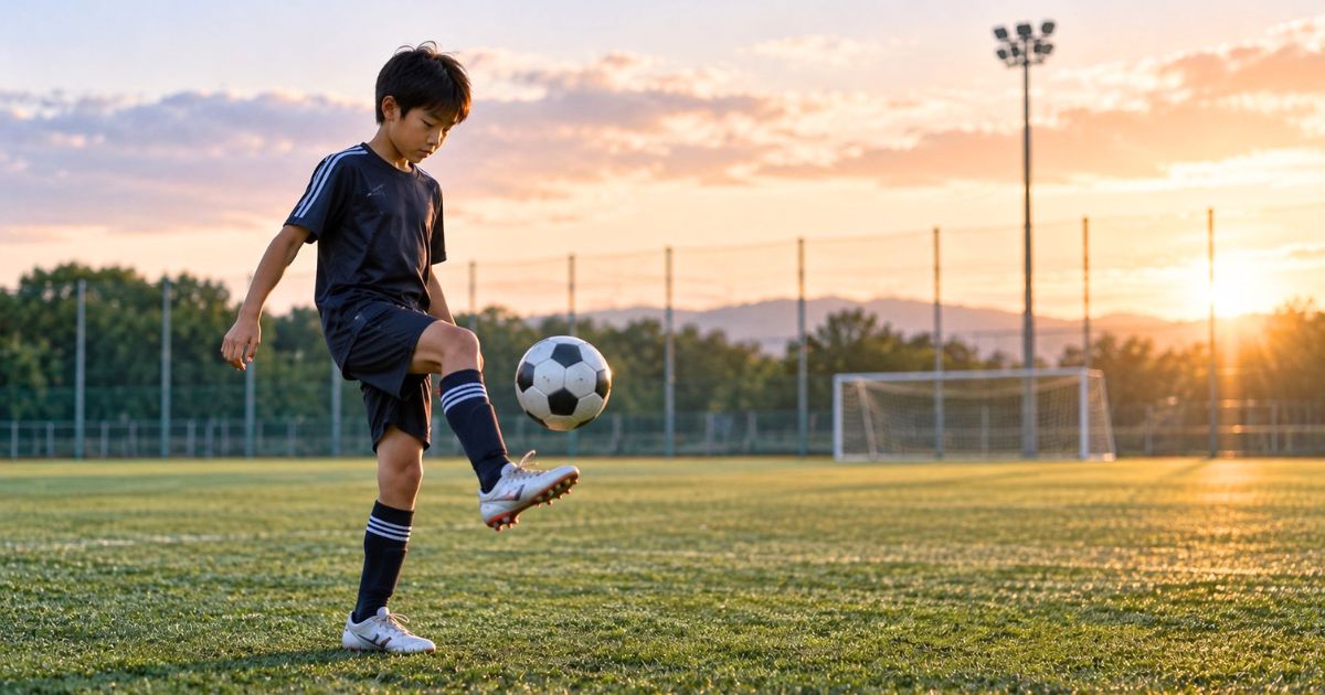 夕方の誰もいないサッカーグラウンドで、一人でリフティング練習をする少年の様子