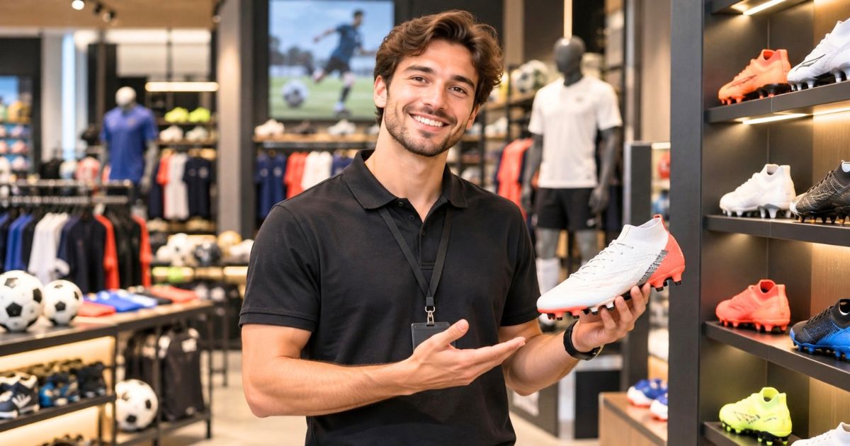 アメリカのスポーツショップでサッカースパイクを手に持ち、笑顔で案内する店員