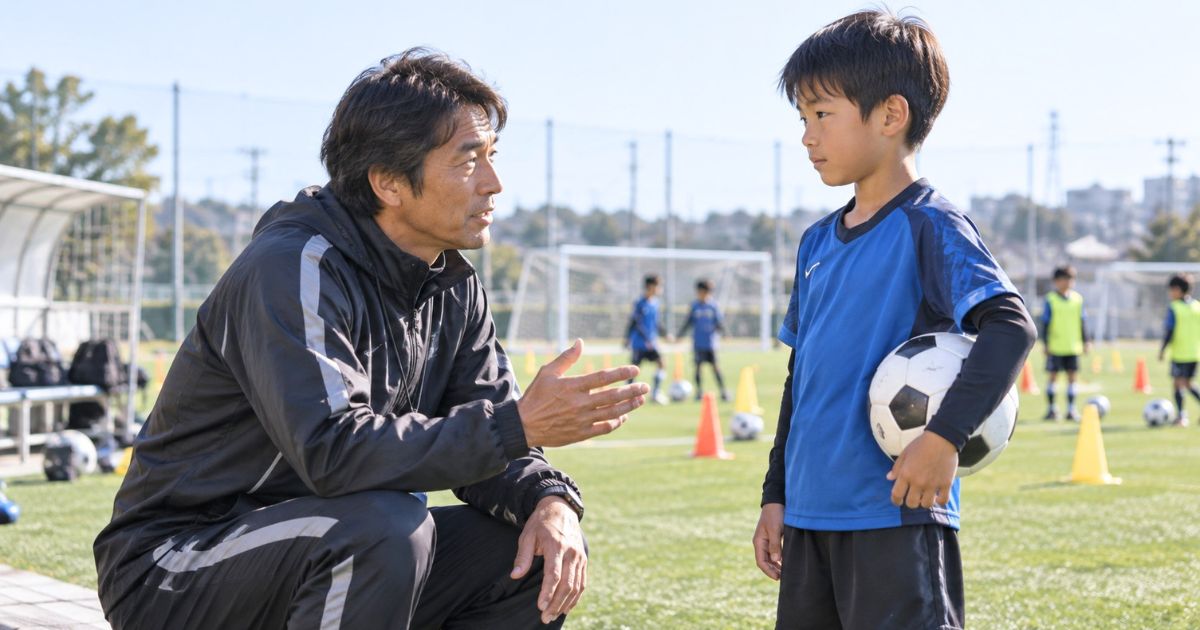 サッカーグラウンドで、監督がトレセン推薦候補の少年選手に声をかけて話をする様子