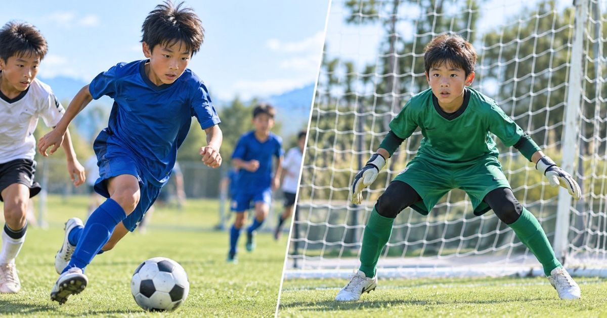 攻め上がるフィールドプレーヤーと、ゴール前で構えるゴールキーパーを左右に分けて表現した少年サッカーのイメージ
