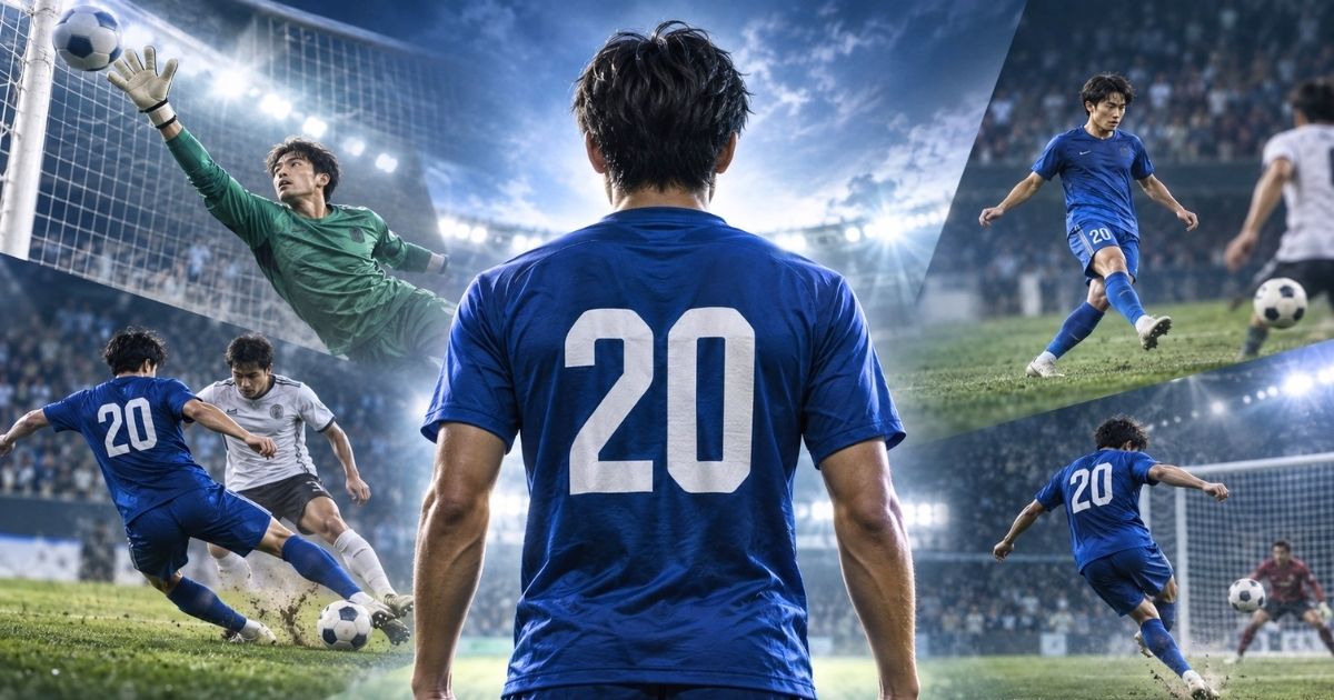 背番号20の青いユニフォームを着たサッカー選手と、GK・DF・MF・FWのプレーシーンを組み合わせたイメージ