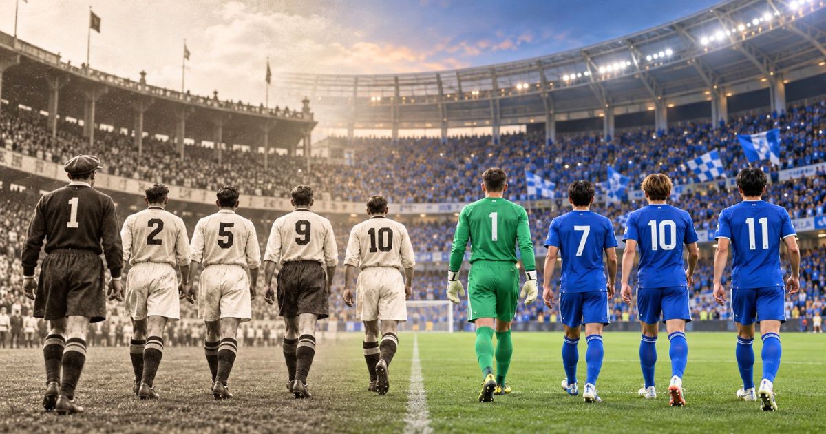 昔と現代のサッカー選手が背番号を付けて並ぶ、背番号の起源と歴史を表したイメージ