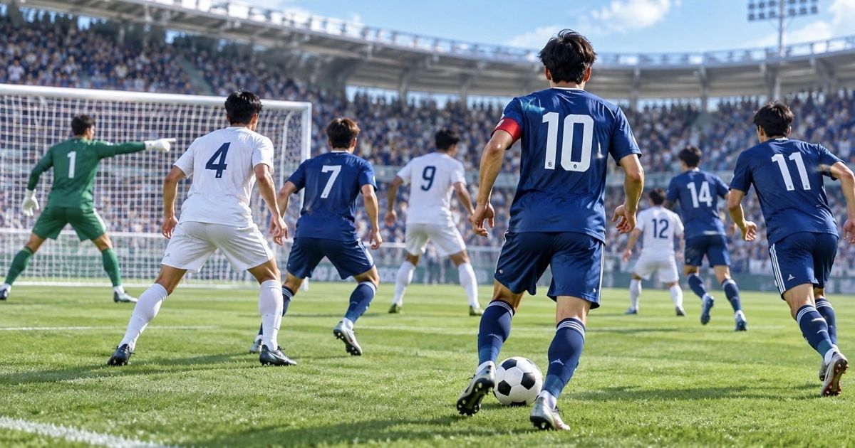 背番号1・4・7・9・10・11・12・14の選手がプレーするサッカーの試合風景