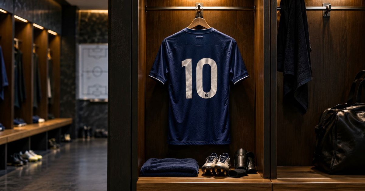 ロッカールームに掛けられた背番号10のサッカーユニフォームとスパイク