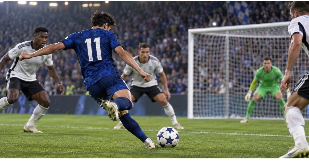 試合中に背番号11の選手がゴール前でシュートを放つサッカーの攻撃シーン