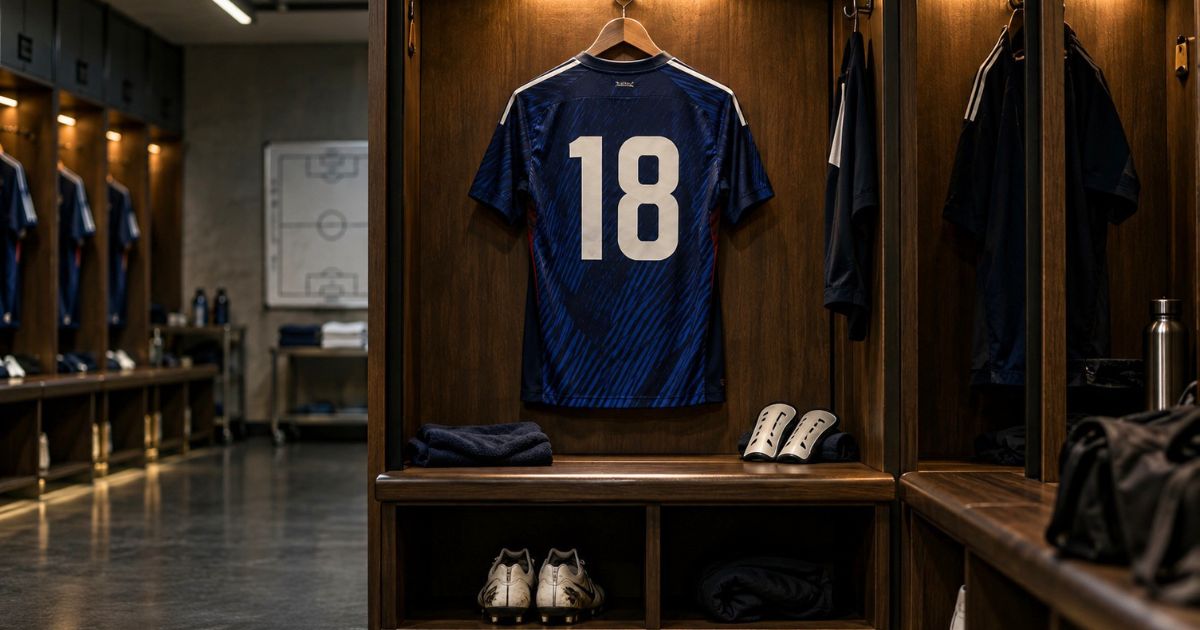 サッカーのロッカールームに掛けられた背番号18のユニフォームとスパイク