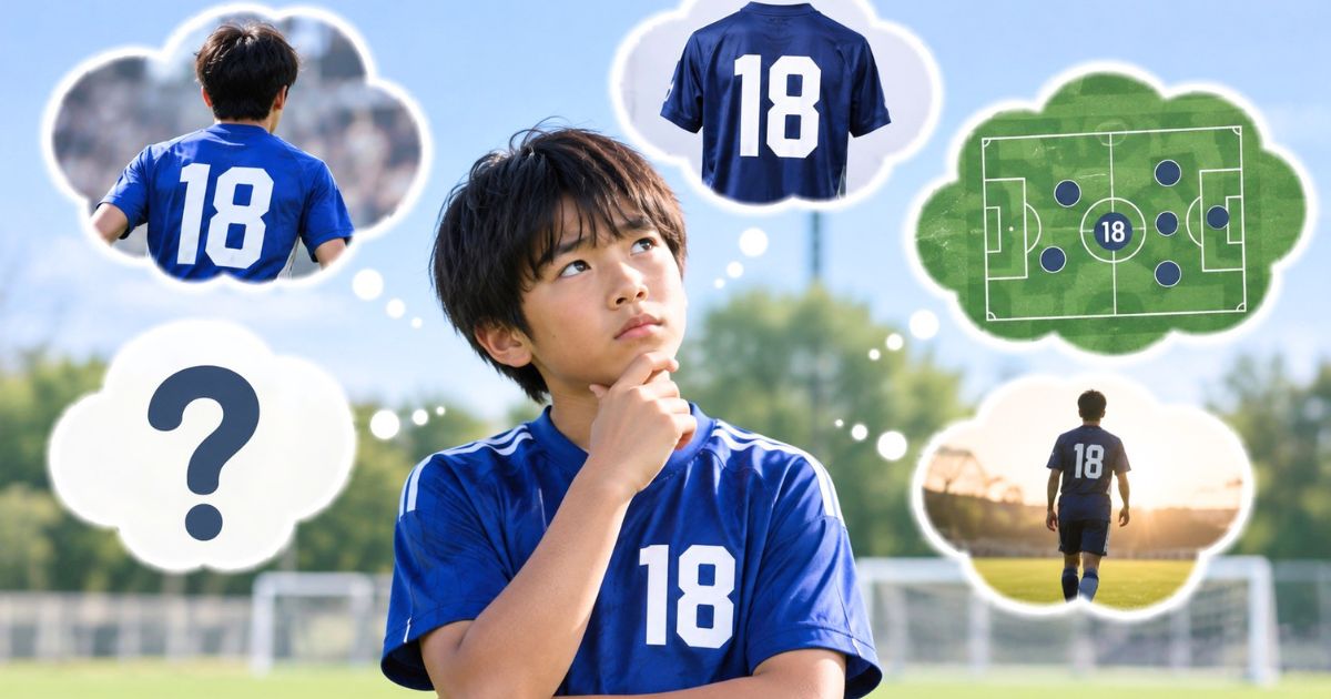 背番号18の意味やポジションについて疑問を持つ少年サッカー選手と、18番のユニフォームや戦術をイメージした場面