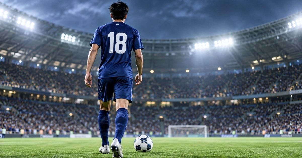 夜のスタジアムで背番号18のユニフォームを着たサッカー選手が、ボールの横に立ってピッチを見つめる様子