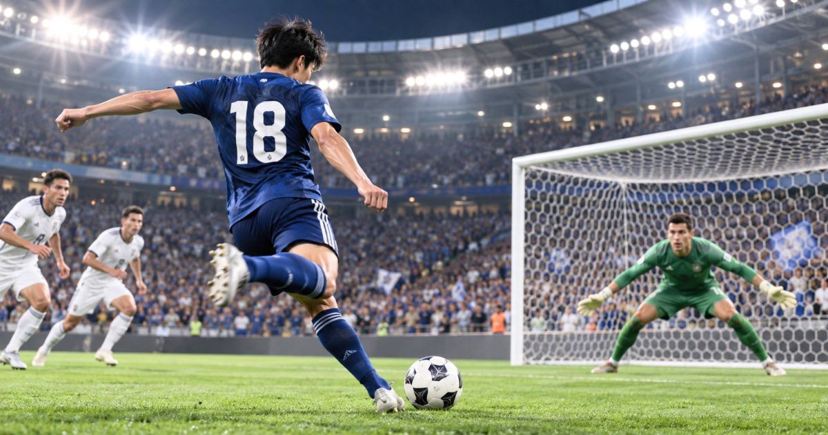 満員のサッカースタジアムで背番号18の選手がゴールへシュートを放ち、GKが構える場面