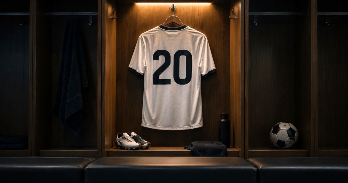 ロッカールームに掛けられた背番号20のサッカーユニフォームと、スパイクやボールを写したイメージ