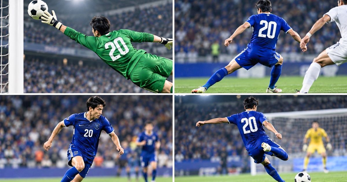背番号20を着けたGK・DF・MF・FWがそれぞれプレーする4分割のサッカーイメージ