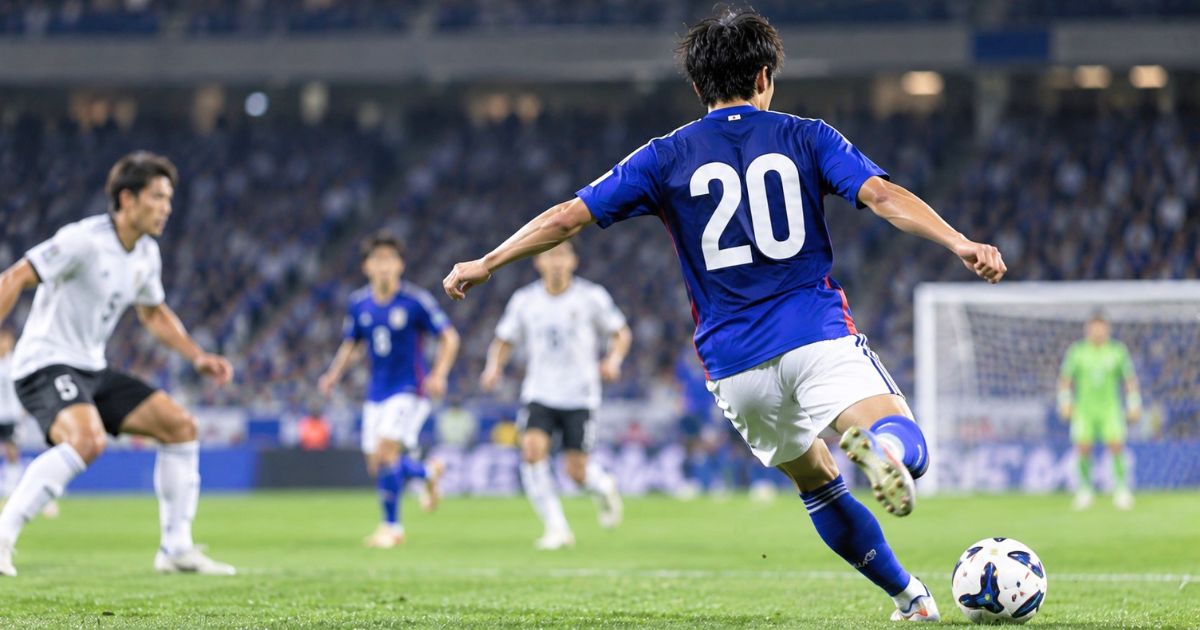 背番号20のユニフォームを着たサッカー選手が試合で先発してプレーするイメージ