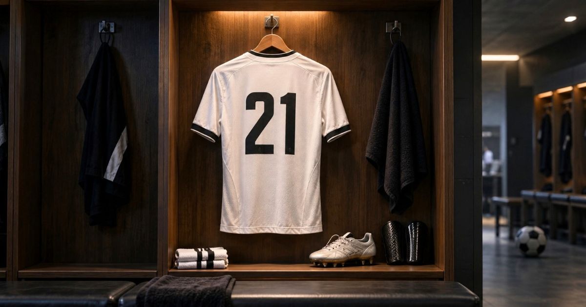 ロッカールームに掛けられた背番号21のサッカーユニフォームとスパイク、すね当て