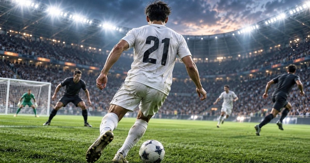 背番号21のユニフォームを着たサッカー選手が、スタジアムでボールを運ぶ様子