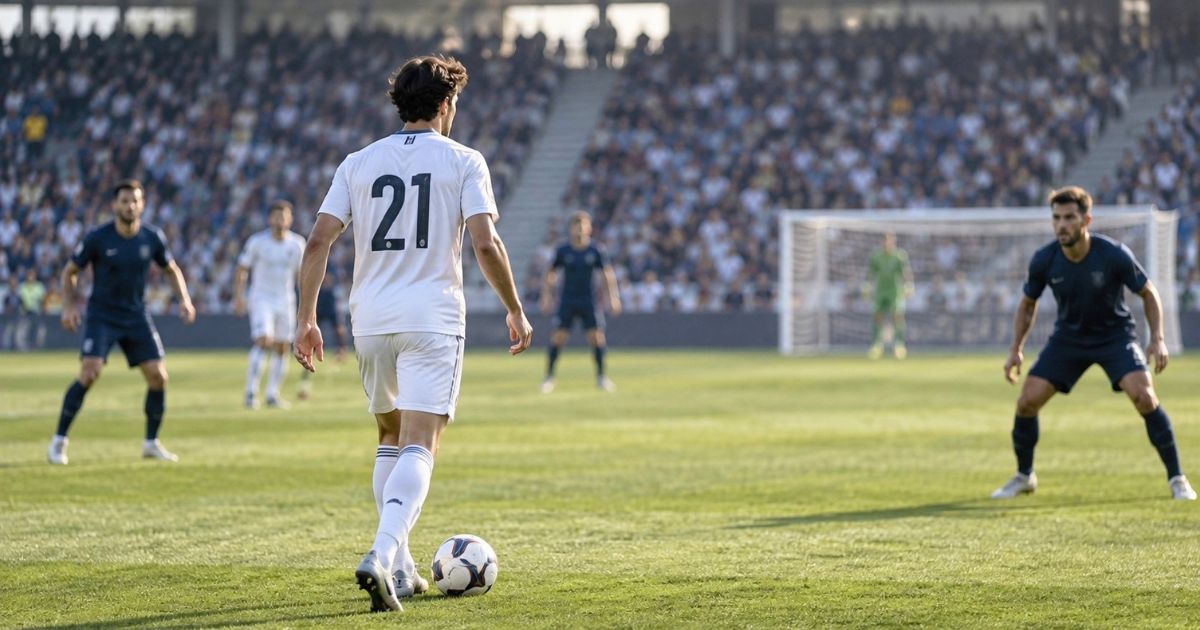 背番号21のサッカー選手がボールを足元に置き、前線の出しどころを探している試合中の様子